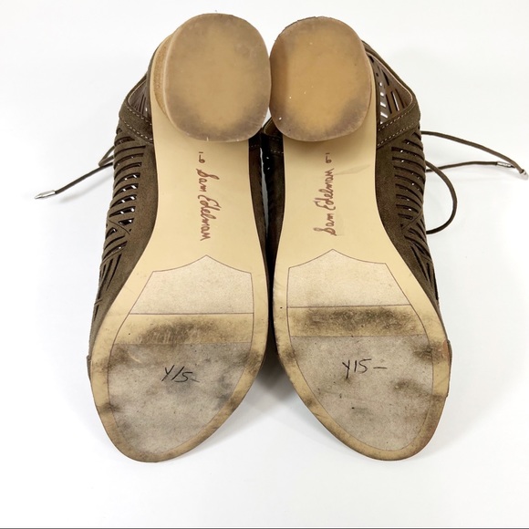 Sam Edelman Rocco Lace Up Heel Sandals Taupe Laser Cut Faux Suede Booties - Picture 10 of 10